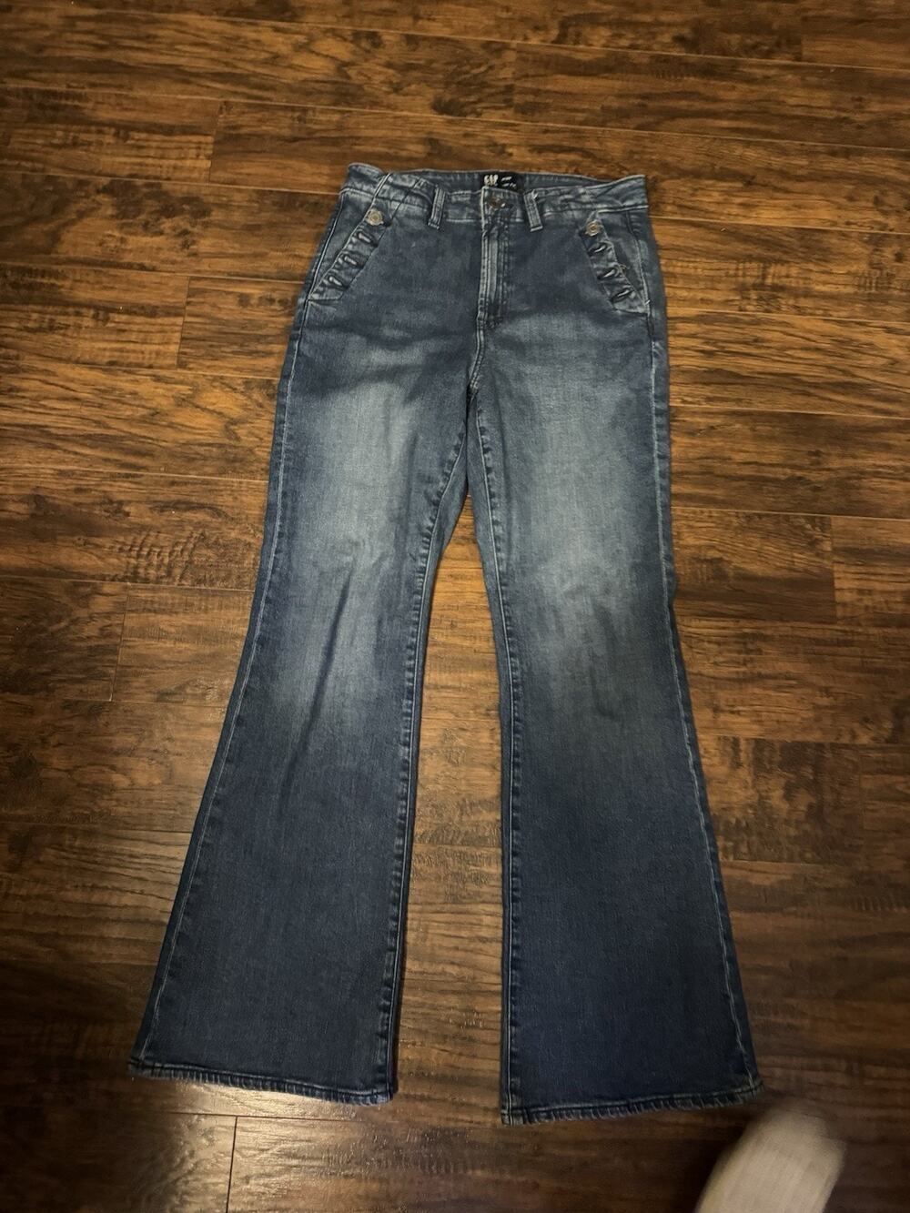 Gap 70s Flare Jeans Womens Blue Sailor Button High Rise Stretch Denim 10/30R